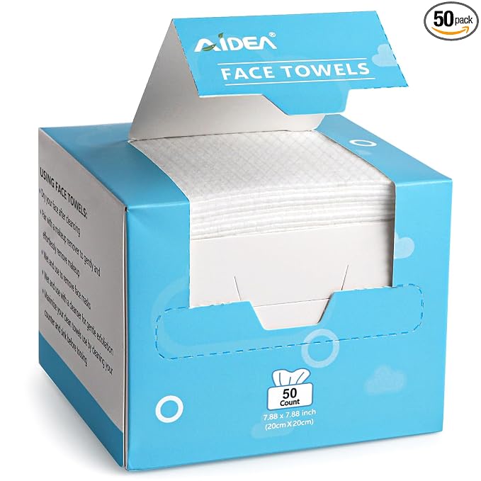 AIDEA Face Towels Disposable-50Ct, Face Cloths for Sensitive Skin | Facial Cleansing Wipes, Facial Towelettes for Makeup Removing, Nursing, Travel, Dry Wipes
