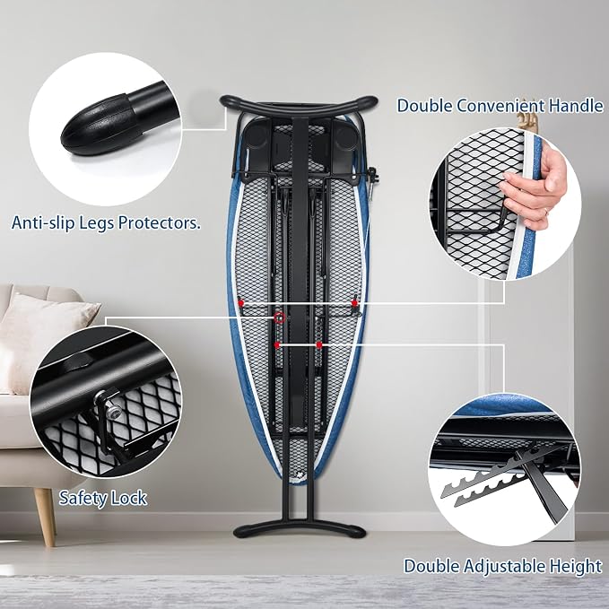 Duwee 18"x48" Deluxe Ironing Board with Retractable Iron Rest | Extra Wide Ironing Board,Heat Resistant Cover and Thicken Padding,Thicken Steel Top Board,with sleeve board,Adjustable Height