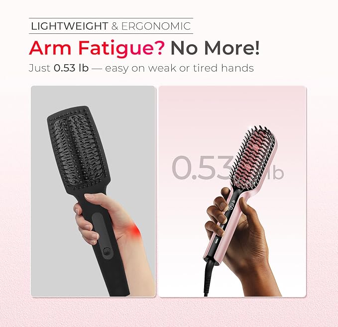 TYMO Hair Straightener Brush, Upgraded Ionic Compact Straightening Brush for Women with Wave-Design Bristles, Fast, Smooth Styling, Lightweight Hot Comb & Travel Flat Iron, 1 Billion Ions, Pink