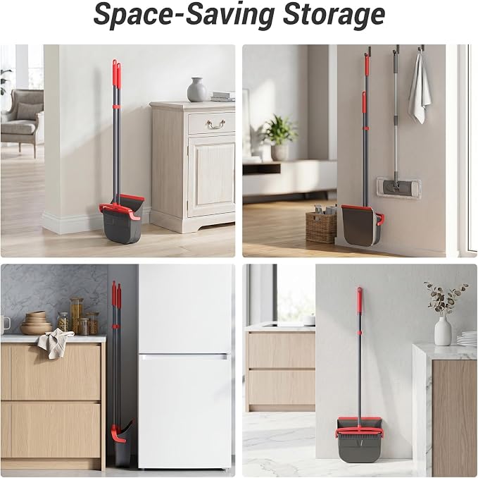 Broom with Dustpan Combo Set, Long Handle Upright Standing Self-Cleaning Broom and Dustpan Set for Pet Hair & Dust Cleanup, Indoor Outdoor Use for Home, Kitchen, Office, Red & Gray
