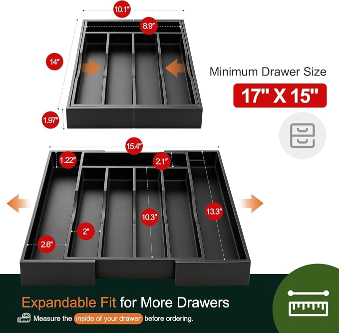 Expandable Bamboo Kitchen Drawer Organizer for Cutlery and Utensils, Adjustable Bamboo Wood Cutlery Tray in Drawer for Flatware and Silverware in Kitchen, (Black)