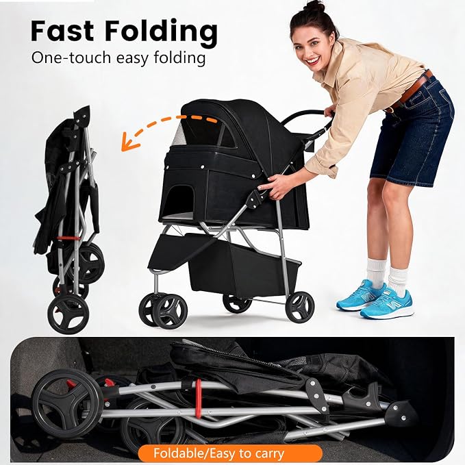 BestPet | 3-Wheel Pet Stroller | Dog and Cat Stroller | Breathable Mesh | Lightweight Travel Carrier | Waterproof & Foldable Design | Storage Basket | Black | for Daily Walks & Outdoor Use