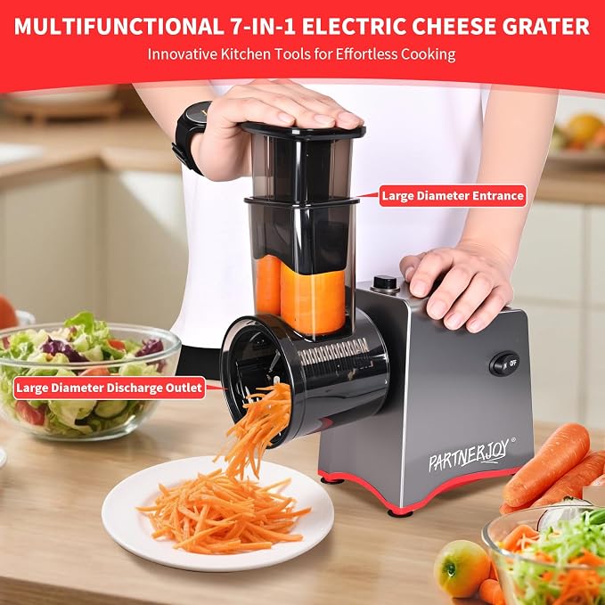 Electric Cheese Grater 250W, 7-in-1 Salad Maker & Vegetable Slicer Shredder with Widened Feeding Port for Block Cheese, Carrots, Potatoes & Fruits, Professional Food Grating Machine