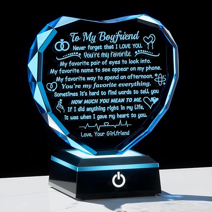 Arikyrist Gifts for Boyfriend Fathers Day Crystal Heart Boyfriend Keepsake with LED Light Base Romantic Anniversary Birthday Gifts for Him Boyfriend Bf from Girlfriend