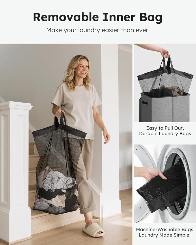 SOLEDI Laundry Hamper with Lid 130L Large & Tall Collapsible Laundry Basket, Clothes Hamper with Bag Removable Easy to Carry, Dirty Hampers for Bedroom, Bathroom, Dorm, College, Grey