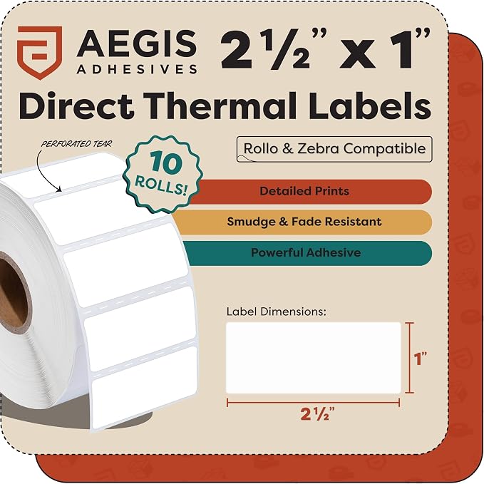Aegis Adhesives - 2.5" X 1" Direct Thermal Labels (15600 Count, 12 Rolls) - FNSKU Labels, Barcode Stickers, Inventory Identification - Compatible with Zebra and Rollo Printers
