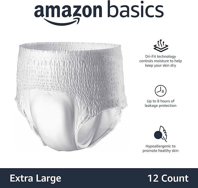 Amazon Basics Unisex Protective Underwear, Overnight Absorbency, Extra Large, 12 Count (Pack of 2)