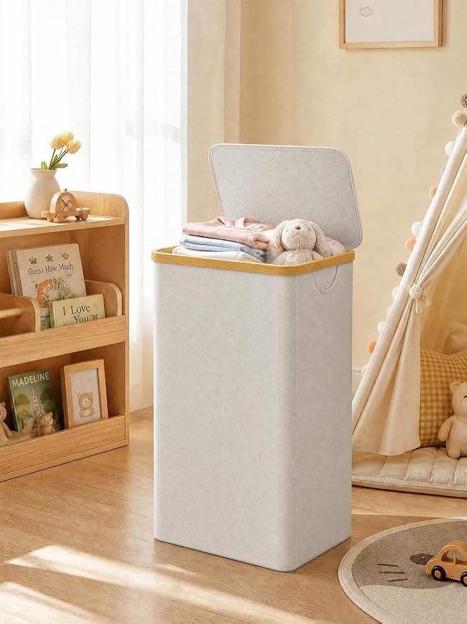 iEGrow 110L Laundry Basket with Lid, Laundry Hamper with Bamboo Handle,Clothes Basket Organizer with Removable Inner Bag for Clothes Towels,Light Grey