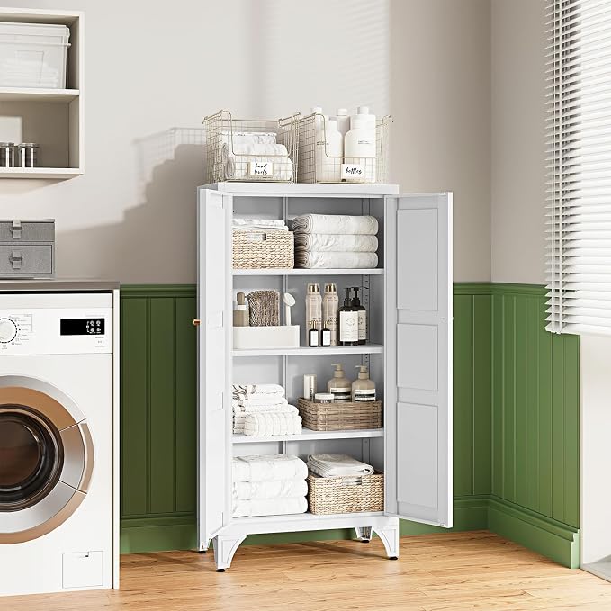 Metal Storage Cabinet with Doors and Shelves,47.3" H Bathroom Floor Kitchen Pantry Utility Cupboard Dining Home Office/Garage Organizers,White
