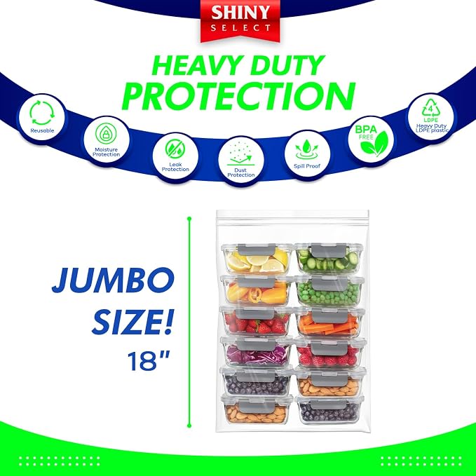 12 Count Double Zipper Jumbo Bags, 16x18, 2 Mil Thick - 3-Gallon Heavy Duty Durable Storage Bags for Baby Items, School Supplies, Pants, Bedsheets, Pillowcases, Snacks, Meat Marinate