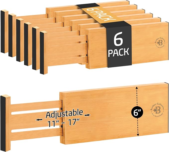 6 Pack Bamboo Drawer Dividers - 6 Inch High for Deep Drawers, Adjustable 11.5 to 17 Inch Expandable Kitchen Drawer Organizer, Spring Loaded Dresser Separator for Clothes, Bedroom, Bathroom, Office