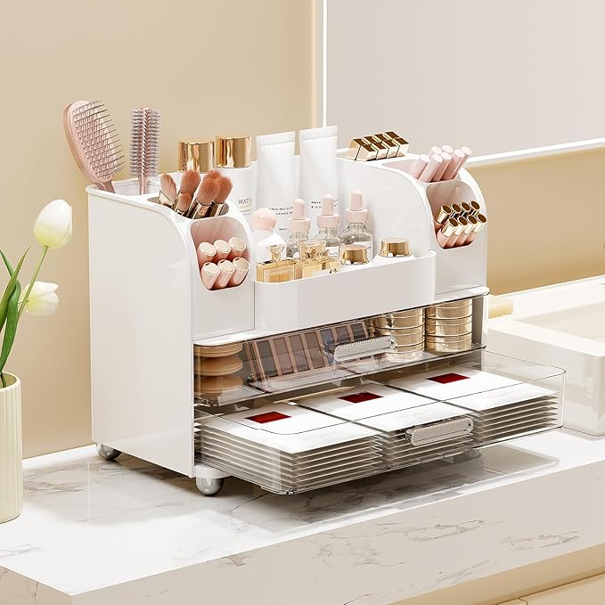 UFORU Makeup Organizer for Vanity with 2 Large Drawers, Cosmetic Display Case with Brush Holders, Easy to Storage for Bathroom Countertop Skincare, Perfume, White