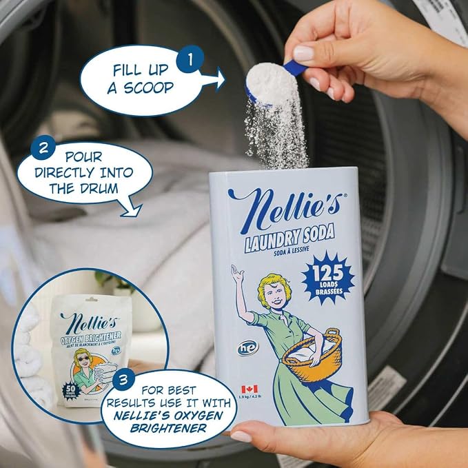 Nellie's Laundry Soda | Laundry Detergent Powder, 125 Load | Made in Canada | Septic-Safe, HE Compatible & Fragrance-Free - Concentrated Formula - Simple, Safe ingredients