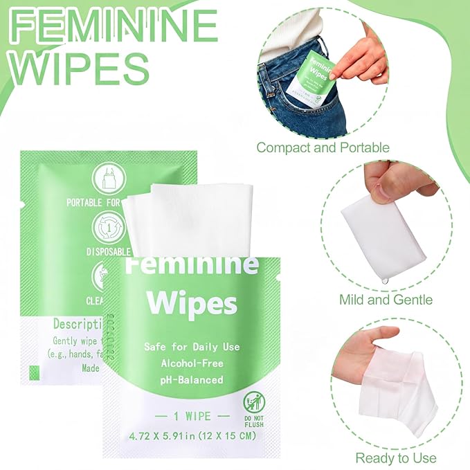 300 Pieces Bulk Feminine Wipes Individually Wrapped Travel Size Women Unscented Intimate Period Cleansing Wipes Deodorant Feminine Products Care Kits Private Parts Ph Balanced(Green)