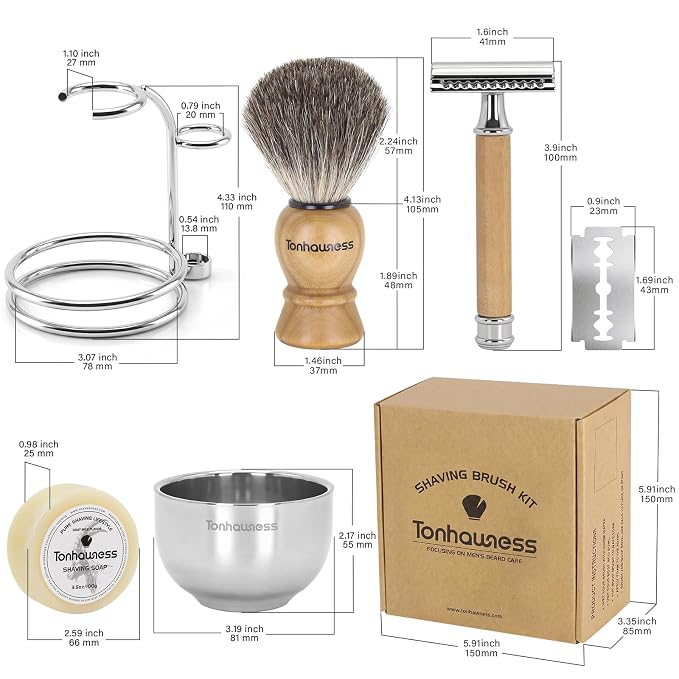 5 In 1 Manual Shaving Kit For Men Includes Badger Hair Shaving Brushes Set, Double Edge Safety Razor, Stainless Steel Shaving Bowl&Stand and Goat Milk Shaving Soap