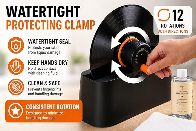 HumminGuru EZ Record Washer, Manual Vinyl Record Cleaner Machine with Easy Spin & Watertight Label Clamp, Record Cleaning Kit with Gentle Goat-Hair Brushes, Alcohol-Free LP Fluid, Drying Rack & Cloth