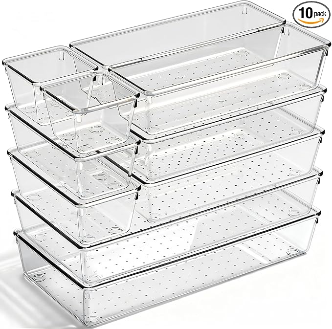 Drawer Organizer, 10 Pack Large Clear Plastic Organizer Bins 5 Sizes, Versatile Bathroom Drawer Trays, Heavy Duty Non‑Slip Drawer Dividers for Makeup, Office & Kitchen Utensils