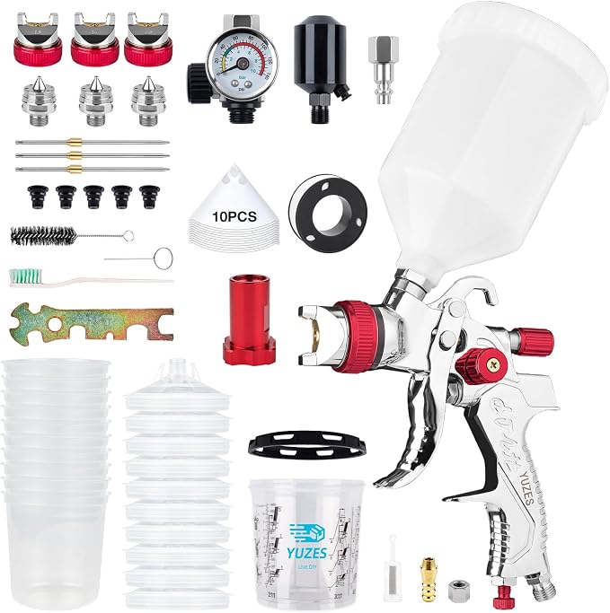 YUZES HVLP Spray Gun Premium Kit, 1.4/1.7/2.0mm Nozzles, Regulator & Filter | For Stable Airflow & Less Moisture, 3 Nozzle Sets, 10 Cup Liners, 600ml Mixing Cup, Adjustable Fan & Fluid, Automotive & DIY