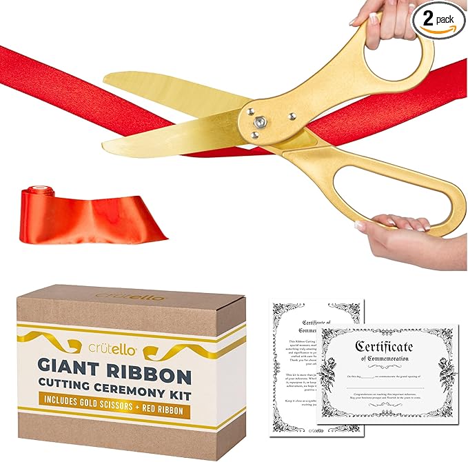 Crutello Ribbon Cutting Ceremony Kit - Grand Opening Ribbons and Scissors - 20"Giant Gold Scissors and 30 Foot Large Red Ribbon 4"Wide - Ceremonial Kit