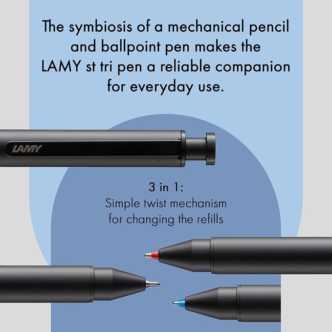 Lamy st black tri pen Multifunctional pen – slim stainless steel mechanical pencil & ballpoint pen in one – includes M 21 ballpoint refill in blue and red & M 41 fine-line refill (0.5 mm)