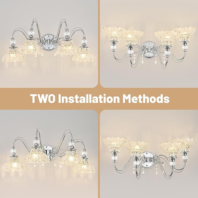 Brushed Chrome Bathroom Vanity Light, 4-Light Chrome Finish Wall Sconce with Hanging Crystal Accents and Flower-Shaped Clear Glass Shades, Modern Wall Mount Vanity Light Over Mirror for Bathroom