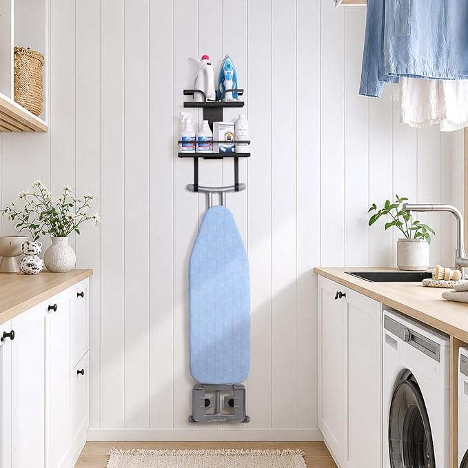 VINAEMO Ironing Board Hanger Wall Mount, 2-Layer Iron and Ironing Board Holder, Laundry Room Shelves Solid Wood with Removable Hooks Home Organization and Storage
