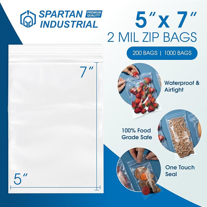 Spartan Industrial - 5” X 7” (1000 Count) 2 Mil Clear Reclosable Zip Plastic Poly Bags with Resealable Lock Seal Zipper