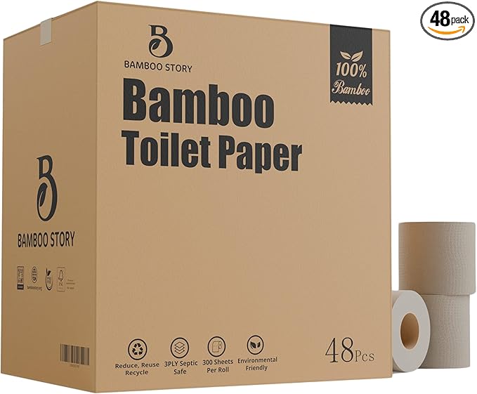 Bamboo Story, Bamboo Toilet Paper Unbleached, 48 Rolls, 3 Ply and 300 Sheets Bamboo Toilet Tissue - FSC Certified, Biodegradable, Chemical Free, Plastic Free, BPA Free, Septic Safe Toilet Paper