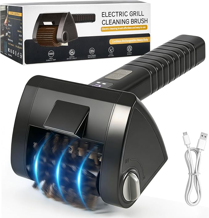 Electric Grill Brush, Built-in LED BBQ Cleaner with 29W High Torque Motor, 2-Speed Hard Scrubbing Cordless Grill Cleaner (Black)