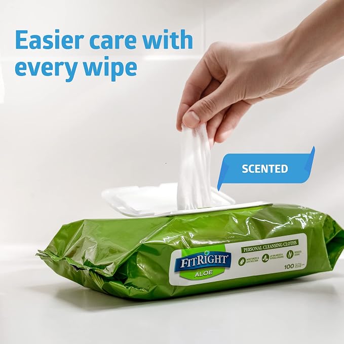 FitRight Personal Cleansing Wipes with Aloe 8x10 Scented 600 Count | Moisturizing Body Wipes for Adults, Incontinence Cleaning, Cloth Wipes for Elderly Care & Bathing