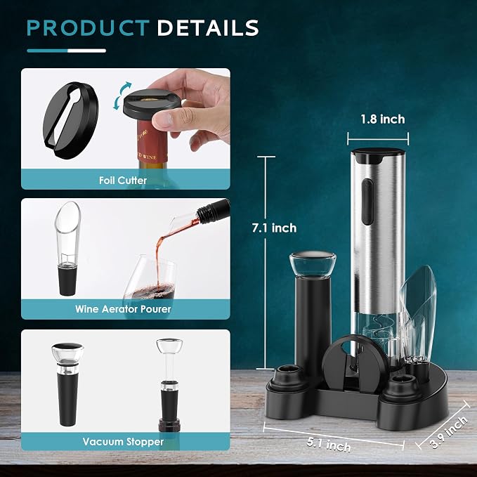 EUHOMY Electric Wine Opener with Charging Base, Wine Aerator Pourer and Foil Cutter, Stainless Steel Automatic Corkscrew Opener with Wine Vacuum Stopper, Fine Set for Wine Lovers