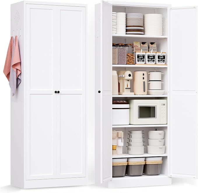 AQY Metal Pantry Cabinet, 72" White Kitchen Storage Cabinet with Doors | 5 Adjustable Shelves Ventilated Metal Cabinet Hanging Hooks Freestanding Kitchen Storage