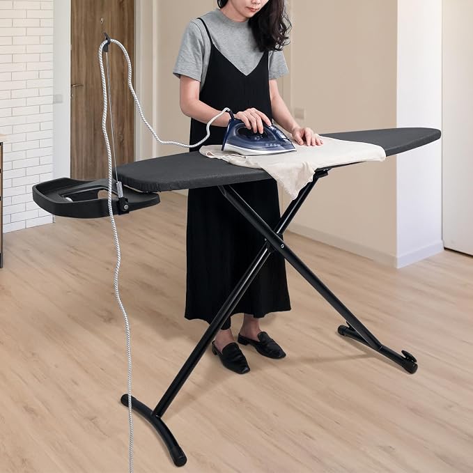 Duwee 18" ×48" Ironing Board with Retractable Iron Rest,Wide Ironing Board | Extra Wide Ironing Board, Heat Resistant Cover with Thicken Padding,Adjustable Height,Heavy Sturdy Legs with Wheels,Black