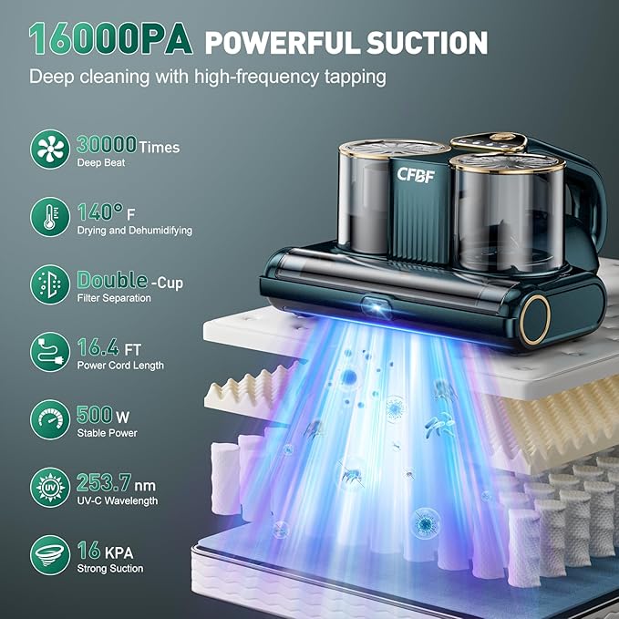 CFBF Mattress Vacuum Cleaner, Bed Vacuum Cleaner with 16Kpa Suction 253.7nm UV-C Light, Ultrasonic & High Heating, 500W Powerful Double-Cup Handheld Vacuums for Bed, Sofa, Couch, Crib, 16.4FT Corded