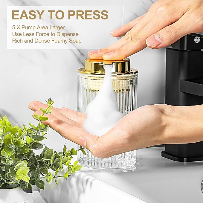 KASUNTING Foaming Soap Dispenser, 11 Fl Oz Clear Glass Foam Hand Soap Dispenser for Bathroom & Kitchen, Refillable Foaming Bottle with Gold Pump, Modern Ribbed Dish Soap Foam Dispenser