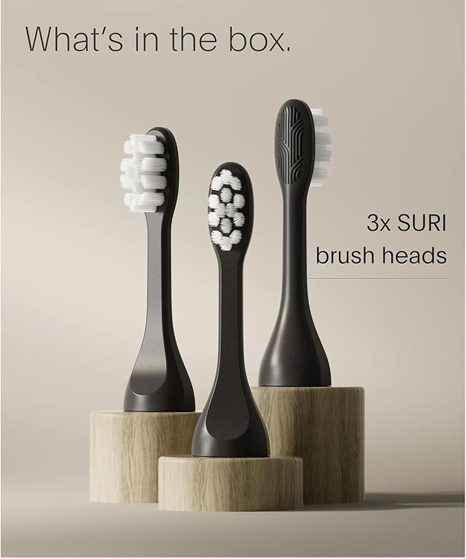 SURI Recyclable Plant-Based, Electric Toothbrush Heads - Long Lasting Replacement Heads | Compatible Only Sonic Electric Toothbrush - Midnight Black, Pack of 3