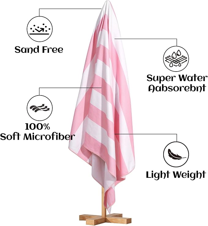 Touchat 4 Pack Beach Towels Cabana Stripe Polyester Lightweight Quick-Dry Swim Pool Towel, 30'' x 60'' Oversized Compact Travel Bath Towel, Camping | Ultra-Portable, Multi-Functional, Pink