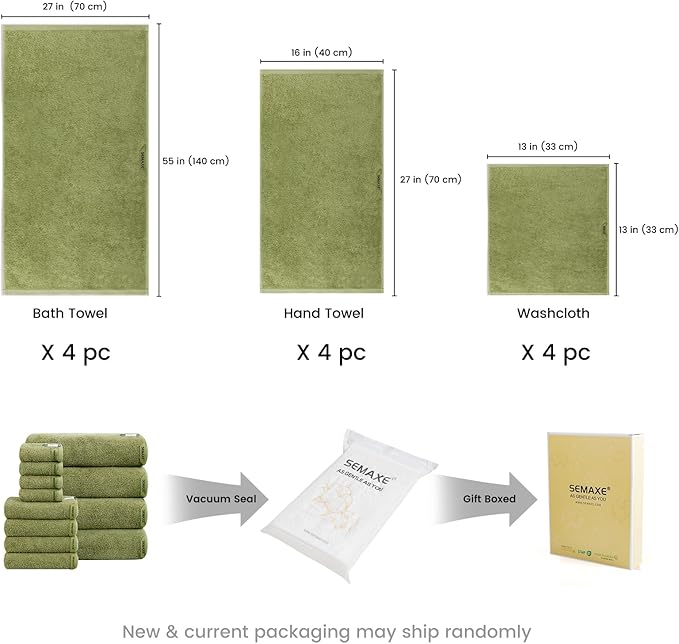 SEMAXE Bath Towel Set, 12 Piece Cotton Towel Set for Bathroom, More Towels for Family Use, Quick Dry with Hanging Loops, Easy Care, Green