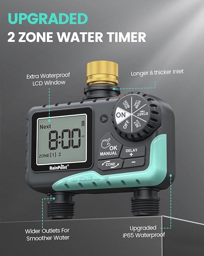 RAINPOINT Sprinkler Timer 2 Outlet, Water Timer for Garden Hose, Programmable Drip Irrigation for Yard Outdoor Watering, Rain Delay/Manual/Automatic (Brass, 1 pcs)
