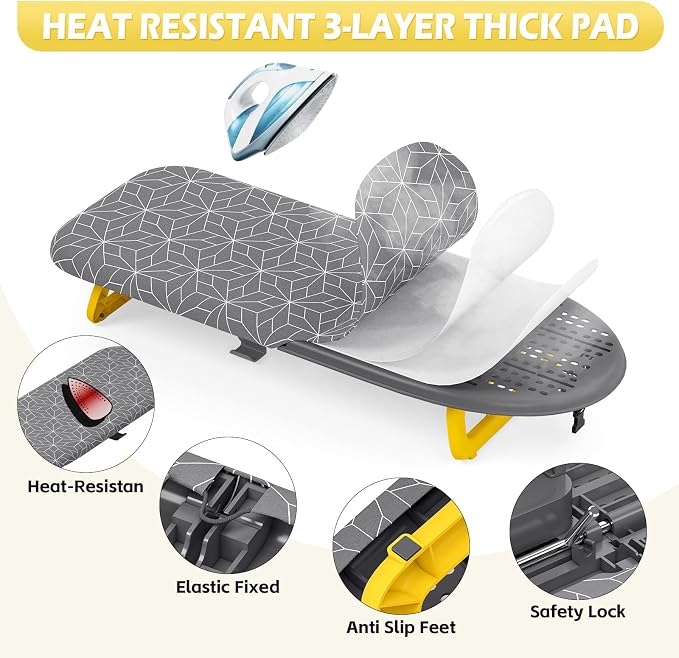 Foldable Small Ironing Board Tabletop, Mini Iron Board Small, Table top mini Ironing Boards Small with Cover pad, Compact Portable Iron and Ironing Boards for Travel,12 * 32 Pure Gray (with Holder)