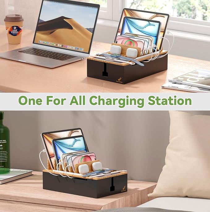 Pezin & Hulin Bamboo Charging Station for Multiple Devices, USB Charger Dock Organizer, with Power Supply (10 Ports HUB), 6 Cables, Cable Management Organizer for Cell Phones, Tablets -Natural+Black