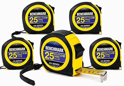 5 Pack - Tape Measures 25ft / 7.5m – Inch & Centimeter Marks. Rugged Outer Shell with Easy Grip Design - High Visibility Steel Tape - Thumb Lock - Autowind - Belt Clip – Retractable Measuring Tape