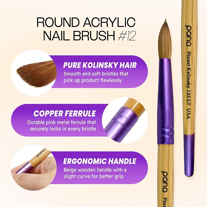 Pana USA Acrylic Nail Brush100% Pure Kolinsky Hair New LIMITED EDITION BEIGE PURPLE Wood Handle with Purple Ferrule Round Shaped Style (Size # 12)