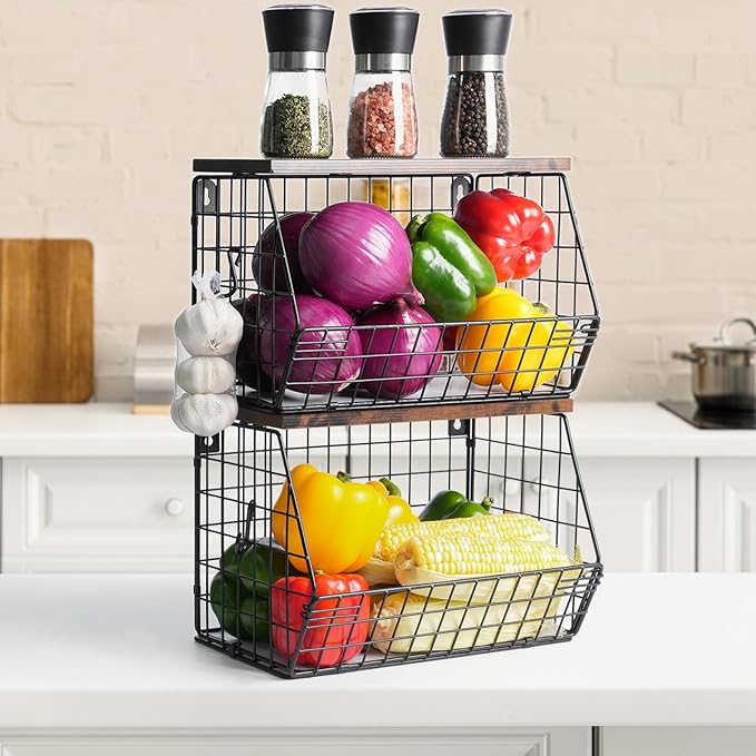 Mefirt Fruit Bowl, Stackable Wall Mounted Fruit Basket of Smooth Wood Lid with 4 Banana Hanger Hooks, Metal Kitchen Counter Organizer for Snack, Fruit and Vegetable Storage, 11.8 * 7.9 * 8.5 Inches