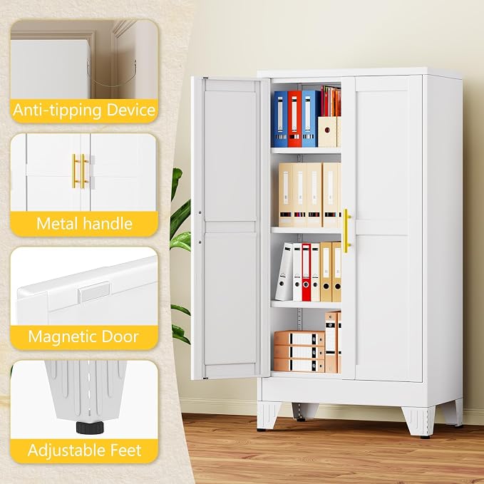 PAOFIN Metal Storage Cabinet with 2 Doors and 3 Adjustable Shelves, Metal Garage Storage Cabinets, File Cabinet,Steel Tool Cabinets for Home,Office,Garage,School,Warehouse (White)