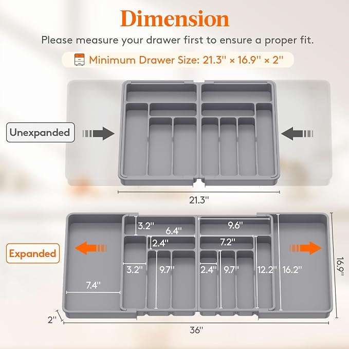 Lifewit Silverware Drawer Organizer, Expandable BPA Free Plastic Utensil Tray for Kitchen, Adjustable Flatware Cutlery Holder for Spoons Forks Knives, 21.3- 36 x 16.9", Gray
