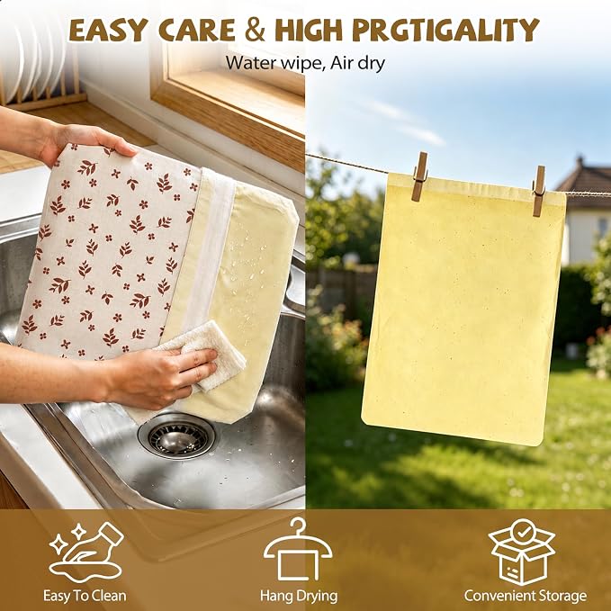 Large Linen Beeswax Bread Bags(2 Pack) Sourdough Bread Bags Reusable Double-Lock Freezer Baking Container Gift Giving for Homemade,Loaf,Sourdough,Food Storage (Vintage Leaf Pattern)