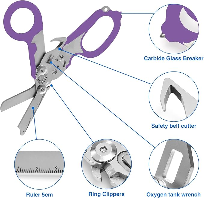 Heavy Duty 6 in 1 Multifunctional Trauma Shears Foldable | Stainless Steel emergency response scissors | Survival Shears with Holster | Medical Trauma shears Tactical With Strap Cutter | Purple