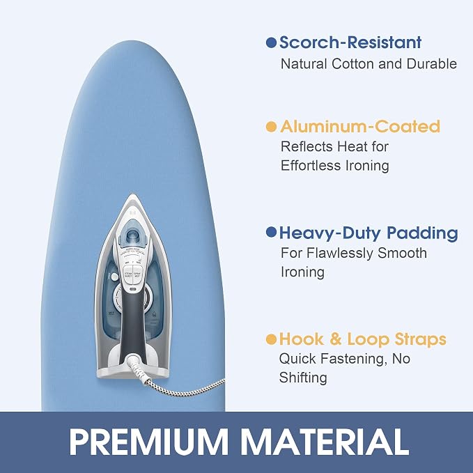 Ironing Board Cover and Pad for Standard Size 15" x 54", Blue | Aluminum Coating, Thick Scorch & Stain Resistant Padding, Heavy Duty Iron Board Cover with Elastic Edge, Adjustable Fastener
