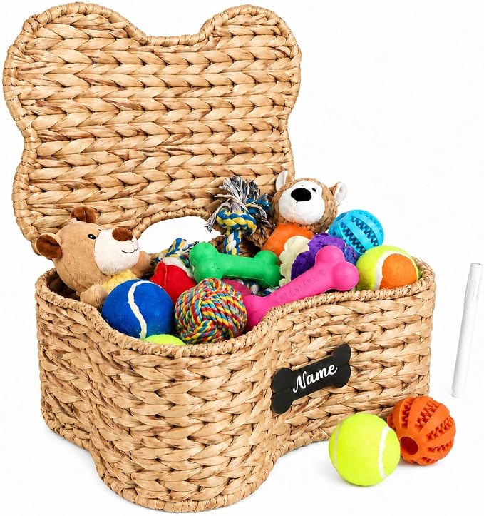 Dog Toy Basket with Lid, Bone Shape Wicker Pet Toy Storage Bin, Handmade Water Hyacinth Dog Organizer with Name Label, Dog Cat Toy Basket Holder Box for Living Room, Leashes, Balls, Blankets